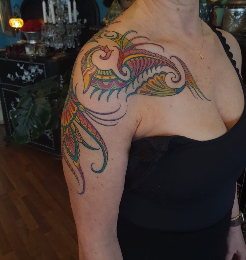 Colorful phoenix shoulder tattoo